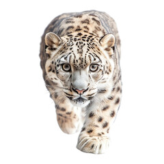 Naklejka premium Majestic Snow Leopard Walking Gracefully in its Natural Habitat, Showcasing Beautifully Patterned Fur and Intense Gaze with Green Eyes