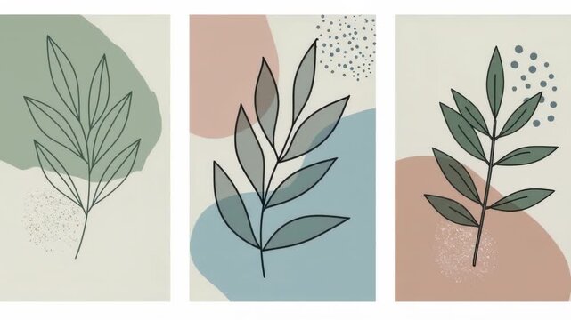 Botanical triptych with minimalist leaves and soft pastel blobs