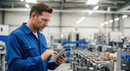 Industrial supervisor wearing safety glasses and utilizing a digital tablet while overseeing the production line in a modern metal processing factory, ensuring efficiency and quality control
