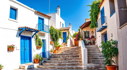 Fototapeta premium Traditional Mediterranean Street with White Houses and Blue Doors