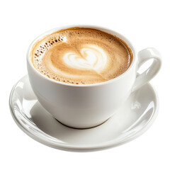 Obraz premium Delicious latte with heart-shaped foam art in a white cup on a saucer, warm beverage for cozy moments, coffee shop delight, perfect for social media sharing