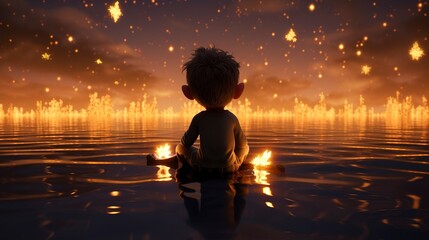 Animated child sitting by a lake at night, gazing at stars, with a magical glowing light in hands