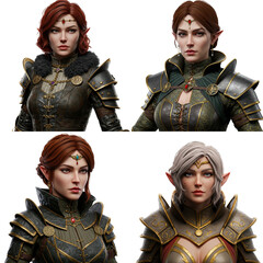 Elegant fantasy female characters in armor with unique hairstyles, isolated on a transparent background  