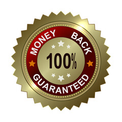 Round and rectangular emblems in gold color with the text of the product guarantee.