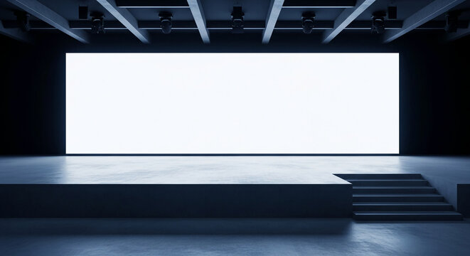 Dark, minimalist stage with a large blank screen, concrete platform, and stairs, showcasing a clean, modern presentation space ideal for product displays or presentations