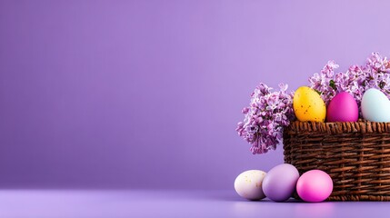Obraz premium Easter basket with colorful eggs lilac on purple background