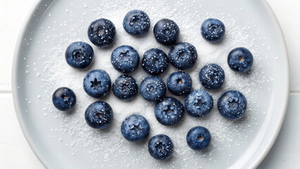 Overhead view of fresh blueberries placed on a white plate with powdered sugar