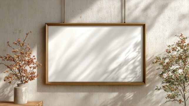 A horizontal picture frame with a golden border hangs on a light textured wall. Two decorative plants on either side add a natural touch to the warm atmosphere. Sunlight creates soft shadows