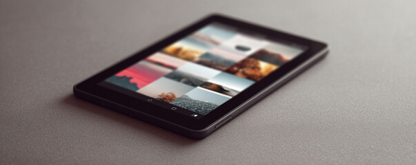 Tablet displaying nature scenes, resting on a textured surface. Emphasizes technology, memories, and digital organization. Ideal for tech, travel, or design content.