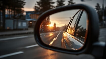 The side mirror captures a brilliant sunset reflecting off the surface, showcasing colors of orange and yellow as cars travel along a peaceful road bordered by trees in the evening light