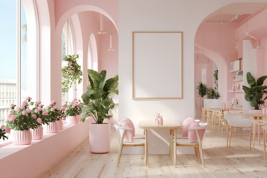 Minimalist pink café interior with large windows and green plants