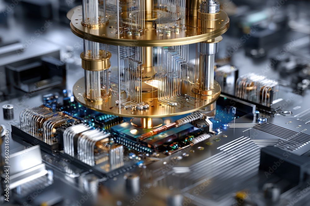 Poster quantum processor architecture with intricate circuitry and gold components