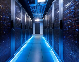 impressive server room interior filled with modern computer servers and blue led lighting