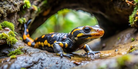 Fototapeta premium A Striking Fire Salamander Poses Near a Mossy Rock, Its Vibrant Yellow and Black Markings Contrasting Beautifully Against the Dark, Damp Environment
