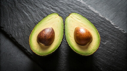 Two halves of a fresh ripe avocado with seed on a textured dark slate surface