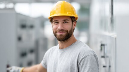 Electrician wearing a yellow hard hat smiles while working on electrical equipment at a construction site. Bright daylight enhances the outdoor environment and safety atmosphere