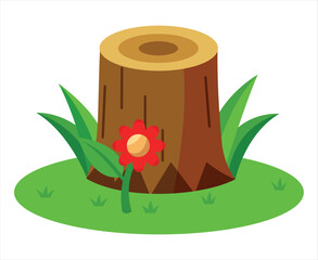 illustration of a Tree Stump with Red Flower and Green Grass 