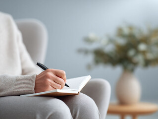 Closeup of a person writing in a notebook with a pen, seated in a comfortable armchair. Concept of journaling, planning, or creative writing in a cozy and relaxed setting.