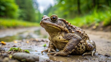 Fototapeta premium A solitary amphibian, a common toad, rests near a small body of water in a verdant woodland setting