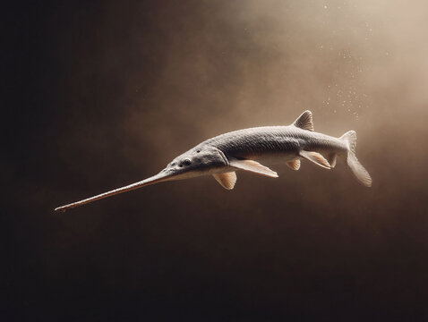 Mysterious paddlefish swimming in murky water. Concept for rarity, conservation, or the depths of the unknown. Evokes wonder, history, and the power of nature.