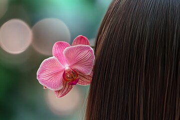 Naklejka premium Pink Striped Orchid Adorning Dark Brown Hair, Artistic Floral Hair Accessory, Blurred Background