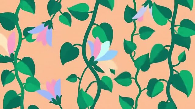 Beautiful blooming vines seamless pattern video, lush leaves and pastel colored flowers on peach