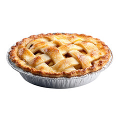 A close up shot of a golden brown apple pie with a lattice crust in an aluminum foil pan isolated