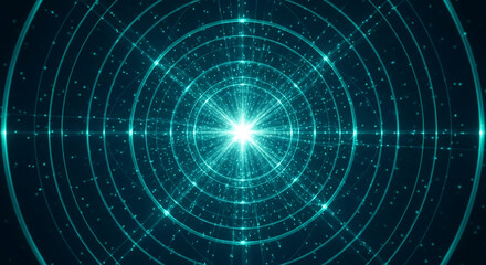 Abstract teal concentric circles radiating from bright center, creating a dynamic and energetic visual, symbolic of technology, innovation, or cosmic energy