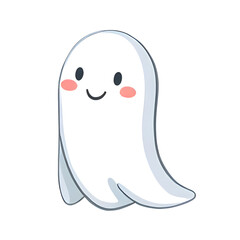 Cute white cartoon ghost with friendly smile on transparent background