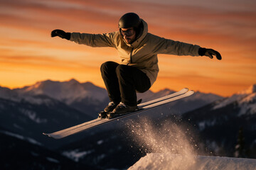 Photorealistic freestyle skier mid-air during acrobatic jump with crossed skis and snow spray. Concept of winter sport, flight, skill, control, and elite freestyle performance.