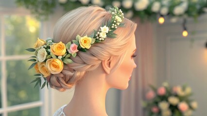 Elegant hairstyle adorned with colorful flowers in a soft, romantic setting.