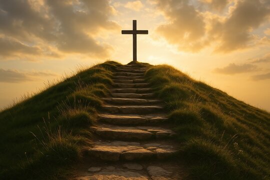 Stone steps leading up hill to wooden cross symbolizing faith journey