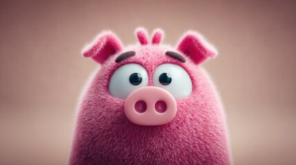 A playful pink pig character with a furry texture and large expressive eyes gazes straight ahead. The focused expression creates a sense of whimsy, perfect for children's content