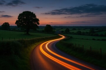 Fototapeta premium Winding country road illuminated by car headlight trails through rolling hills