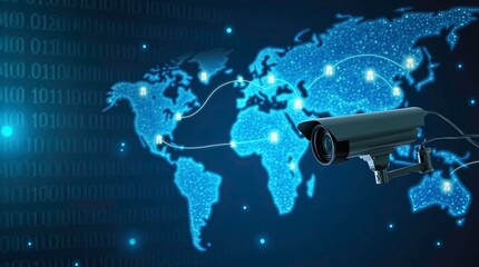 A surveillance camera in the foreground with a digital futuristic background showing a glowing blue global Connectivity, smart global drone network connection, worldwide delivery.