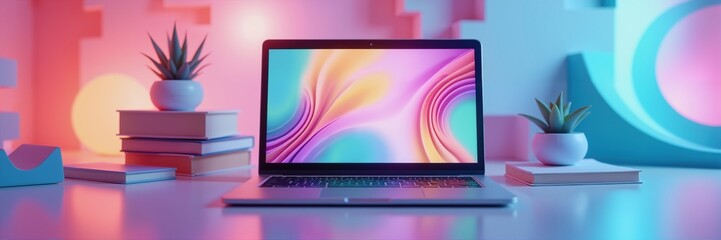 A modern laptop displays vibrant digital art, surrounded by stylish decor and plants, perfect for tech, design, or home office themes.