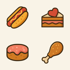 Flat colorful food icons showing sweet dessert and savory fast food including hotdog, sponge cake, and drumstick