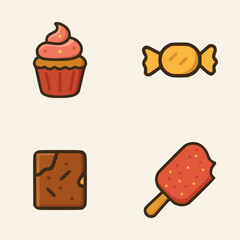 Vector flat illustration of colorful sweets, dessert treats and snacks like cupcake, popsicle, candy and chocolate