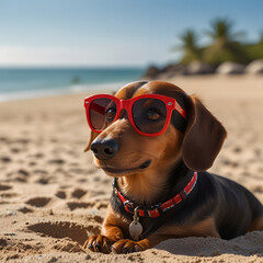 Adorable Dachshund Wearing Red Sunglasses Relaxing on Sandy Beach