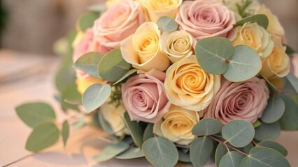 A beautiful bouquet of pastel roses surrounded by green eucalyptus leaves.