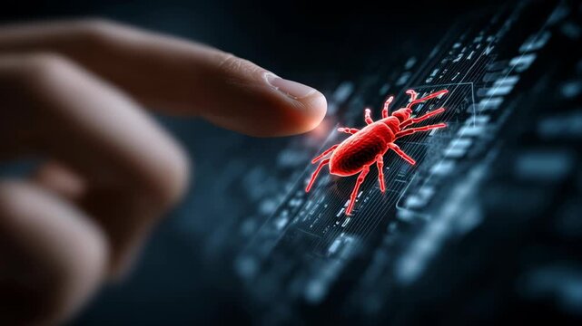 Advanced digital malware detection showcasing cybersecurity technology with red bug on circuit board and finger touching virus symbol on screen