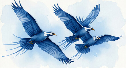 Watercolor painting of three blue birds in flight, wings spread wide, against a light blue watercolor background, symbolizing freedom, grace, and serenity