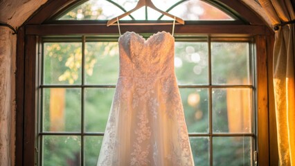 Elegant wedding dress displayed in sunlight by a window.