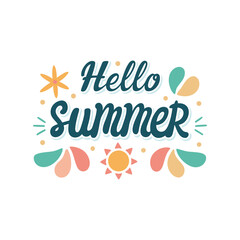 Hello summer lettering with sun and floral elements in pastel colors text typography