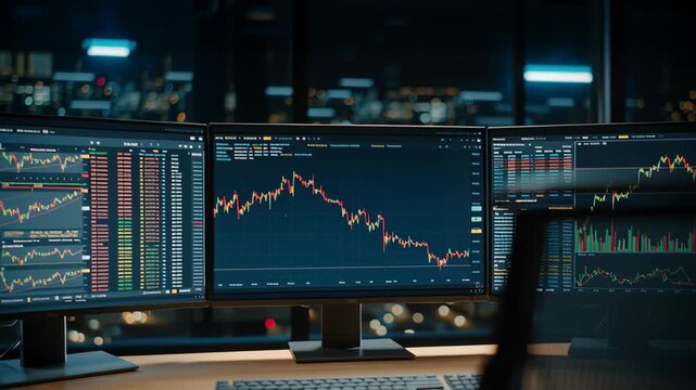 Correlated downward trend of Bitcoin (BTC) and S&P 500 index charts displayed on a professional trader's monitor screen.