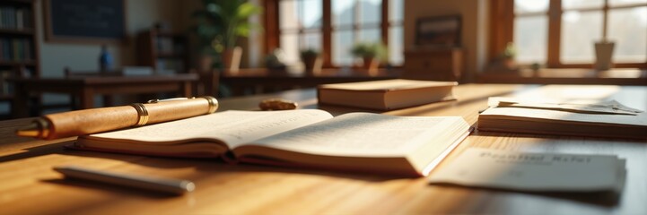 Naklejka premium A cozy study space featuring open books and elegant stationery, perfect for showcasing education, learning, and creative workspace environments.