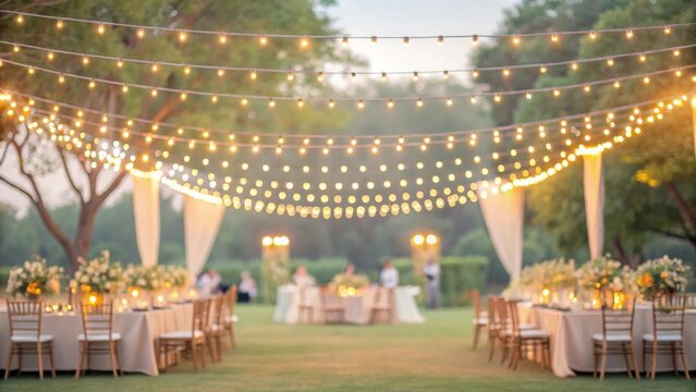 Elegant outdoor event setup with string lights and floral decorations.