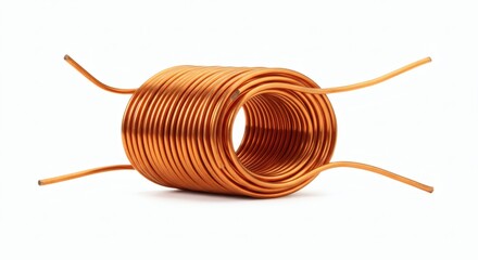 Copper Coil Electrical Inductor with Energy, and and Connectivity on White.