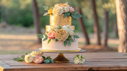 Elegant three-tier cake adorned with flowers in a serene outdoor setting.