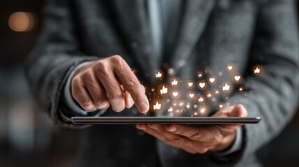 Businessman analyzing financial data on digital tablet in futuristic environment